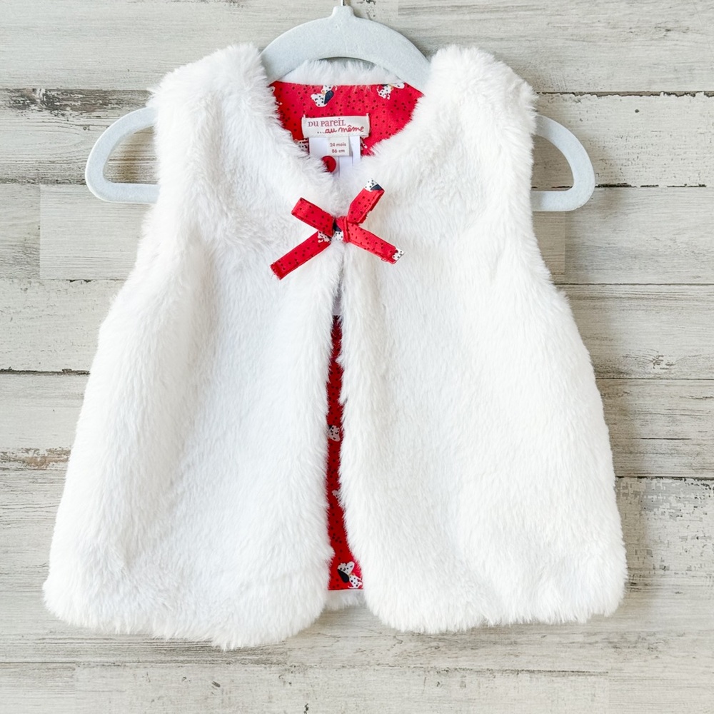 DPam Du Pareil Au Même Faux Fur Reversible Dog Vest Ivory Red Girls 24m 86cm